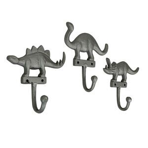 Set of 3 Cast Iron Dinosaur Wall Hooks Gray Decorative Coat Hangers 6.25 Inch